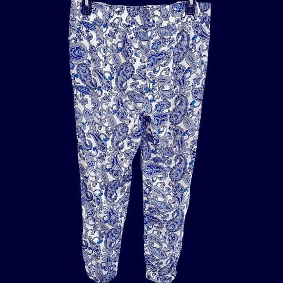 ONE5ONE Size Large Blue Paisley Front Pleats & Pockets Elastic Cinched at Ankle - Picture 2 of 6